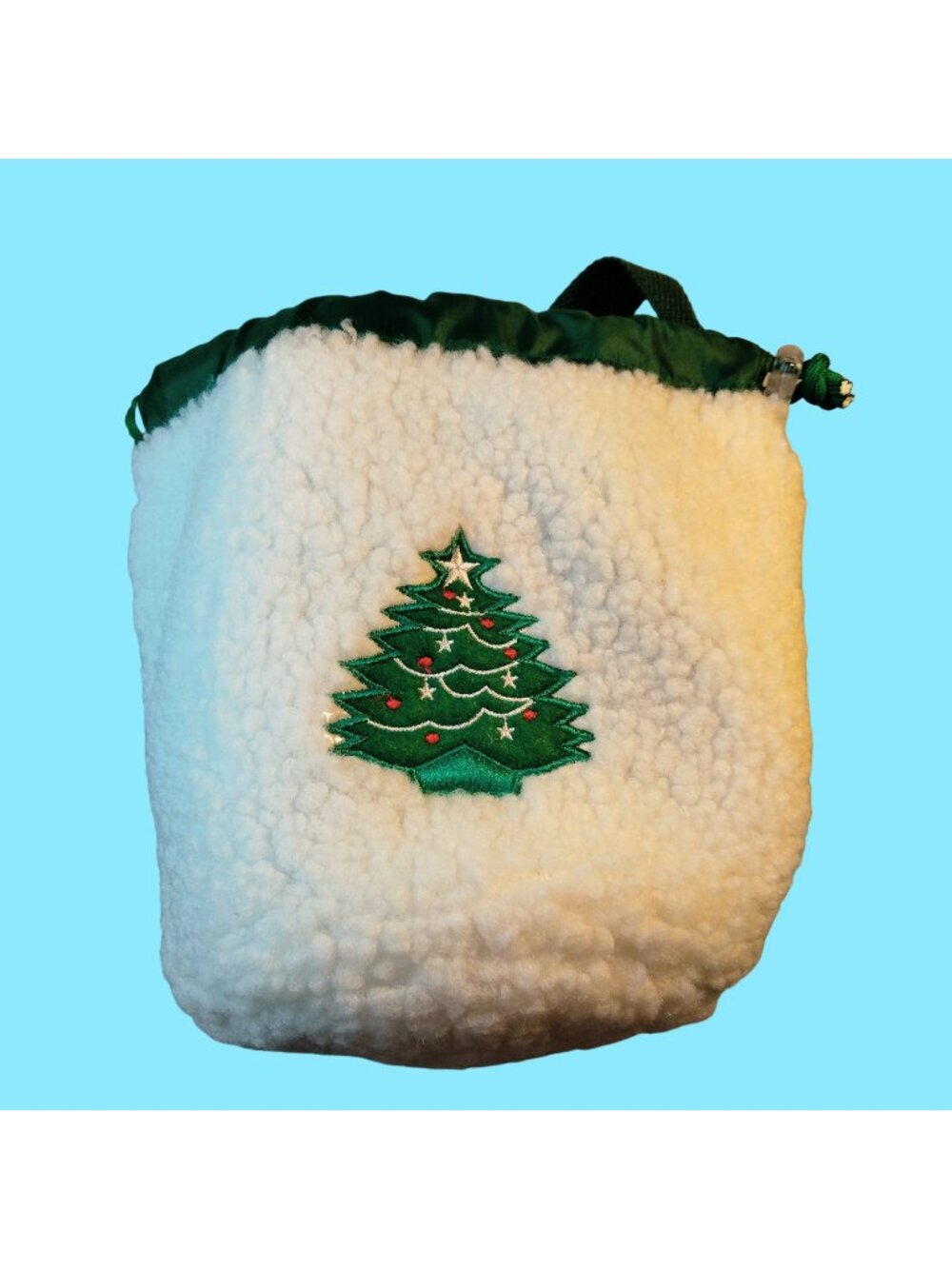 Sherpa Drawstring Tote Bag Christmas Tree Embroidered Fleece Sack Lined